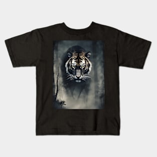 Tiger in the Foggy Dark Forest VIntage Art Kids T-Shirt